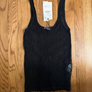 Zara top black rib knit sheer small BNWT
